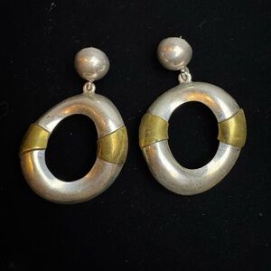 VINTAGE TAXCO STERLING SILVER GOLD HOOP DANGLE LARGE POST EARRINGS MEXICO TAXC0
